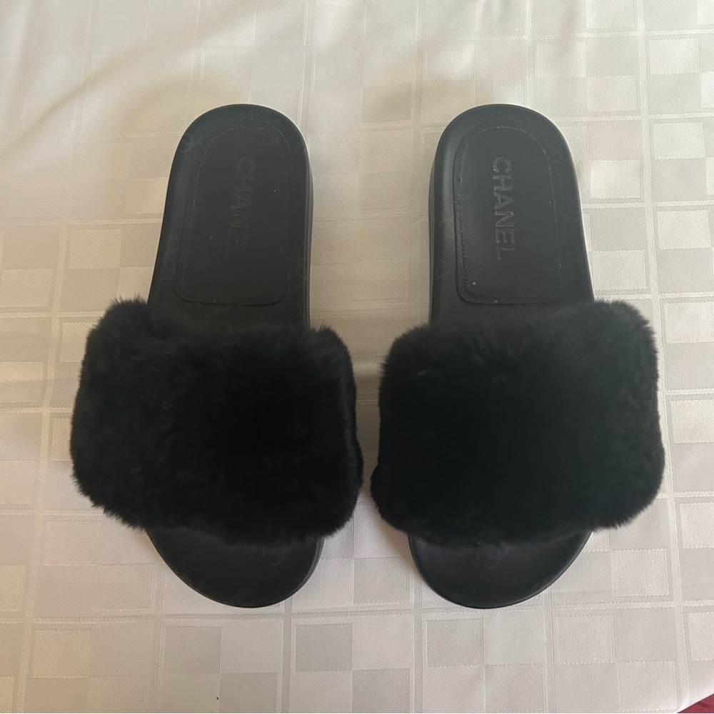 Chanel Rabbit Fur Slide Sandal Black